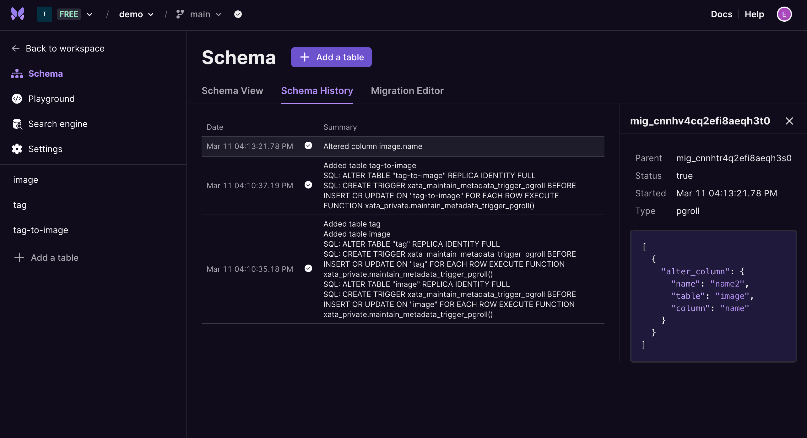 New Schema History tab